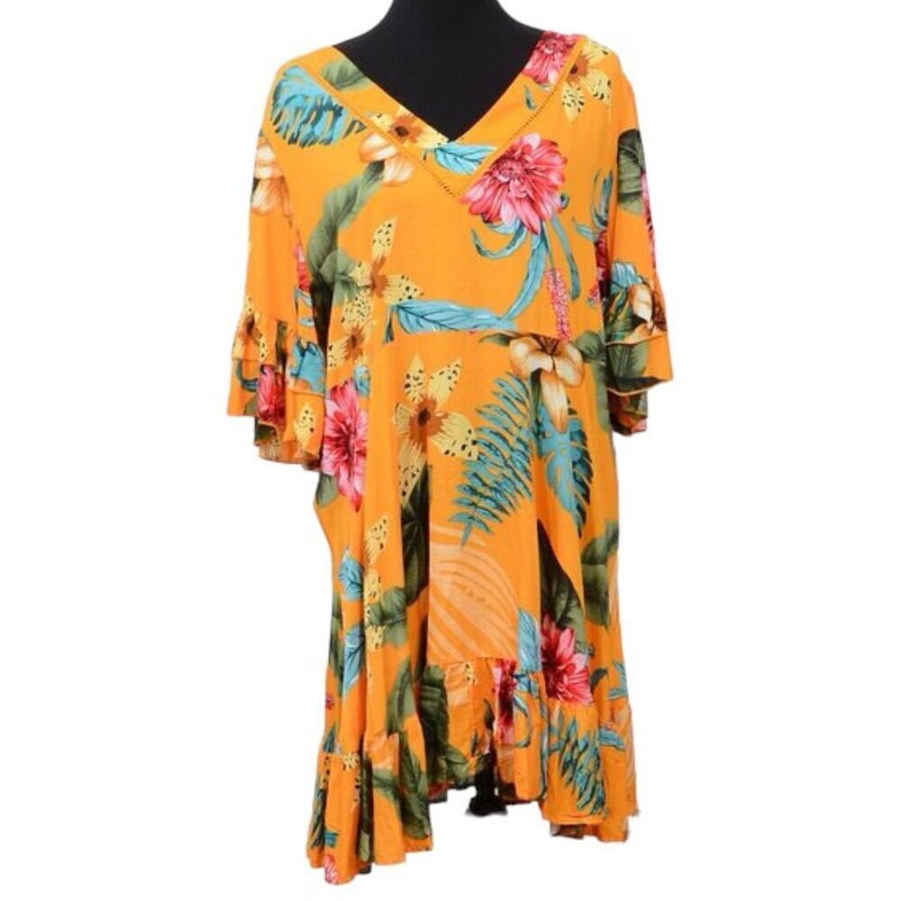 Labor of Love Tropical Summer Beach Flowy Ruffled Vacation Dress Size LG Kawaii